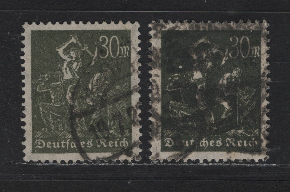Lot 134 Germany SC#226-a (243a-b) 30m Olive Green & Blackish Olive Green , 1922-1923 Numeral & Worker Issue, 2 Fine/Very Fine Used Singles, Postally Used, Scarce & More Common Shades Heavyish Cancel Due To Multiple Hammer Strikes