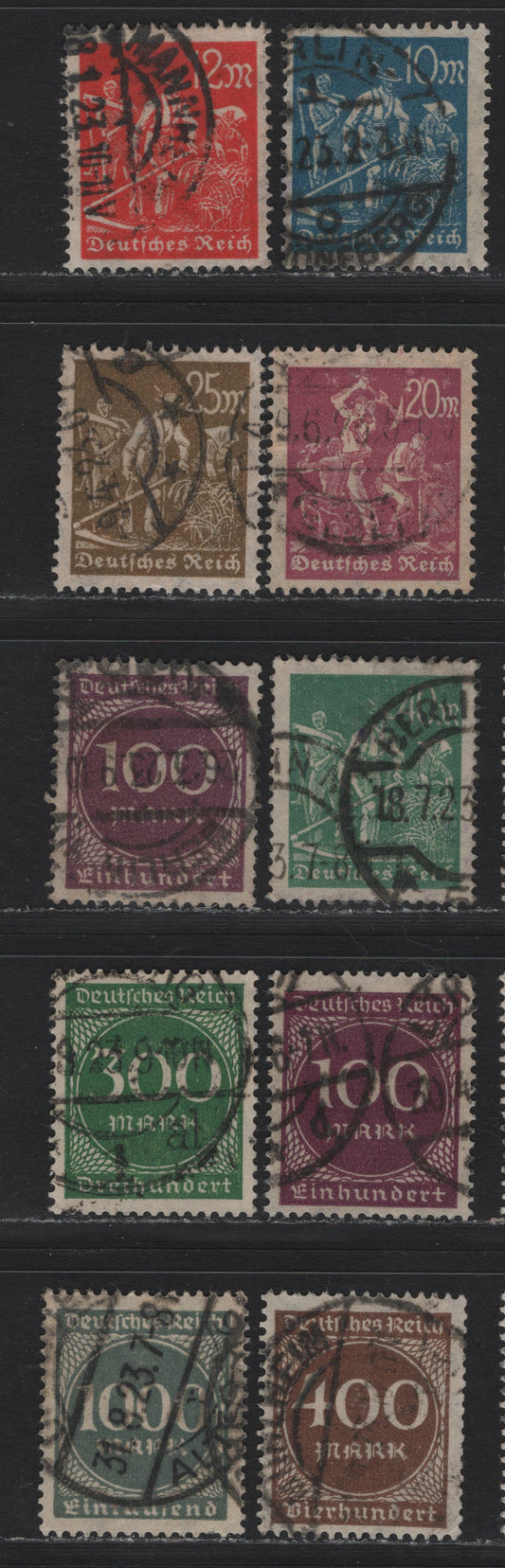 Lot 135 Germany SC#222/234 (240-242, 244a, 268a-b, 269-271, 273) 10m - 1000m Dull Blue - Slate , 1922-1923 Numeral & Worker Issue, 10 Fine/Very Fine Used Singles