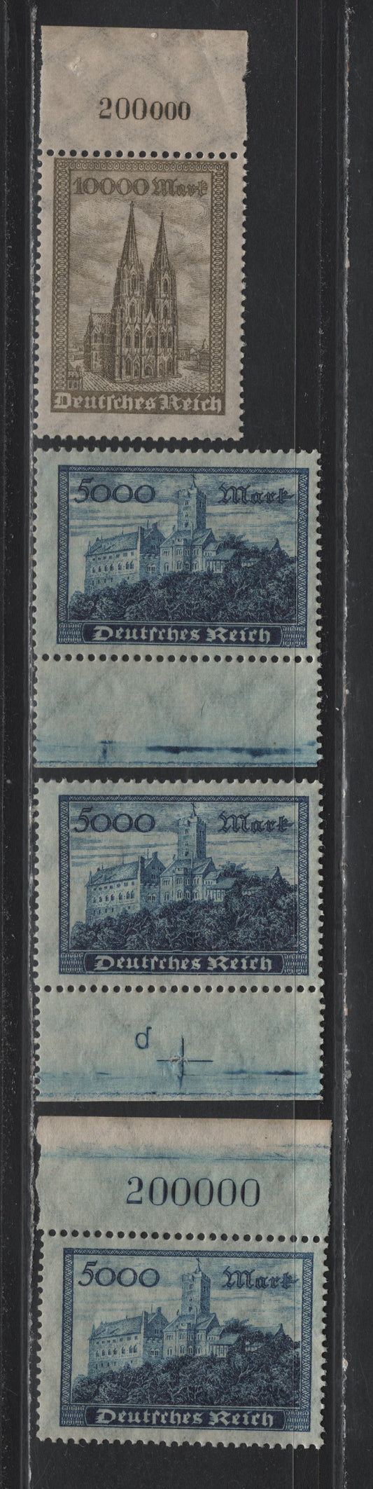 Lot 138 Germany SC#237-238 (261-aPOR, 262aPOR) 5000m - 10,000m Dark Blue - Brown Olive , 1922-1923 Numeral & Worker Issue, 4 FNH Top & Bottom Sheet Margin Singles, Counting Numbers & Inverted '1' & Inverted 'P' & Cross Marking
