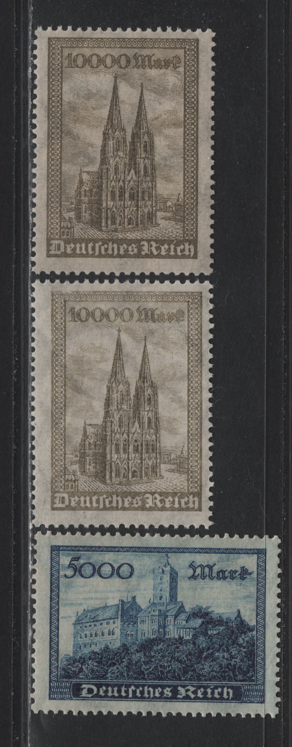 Lot 139 Germany SC#237-238 (261-262) 5000m - 10,000m Dark Blue - Brown Olive , 1922-1923 Numeral & Worker Issue, 3 VFNH Singles, Two Shades of 10,000m