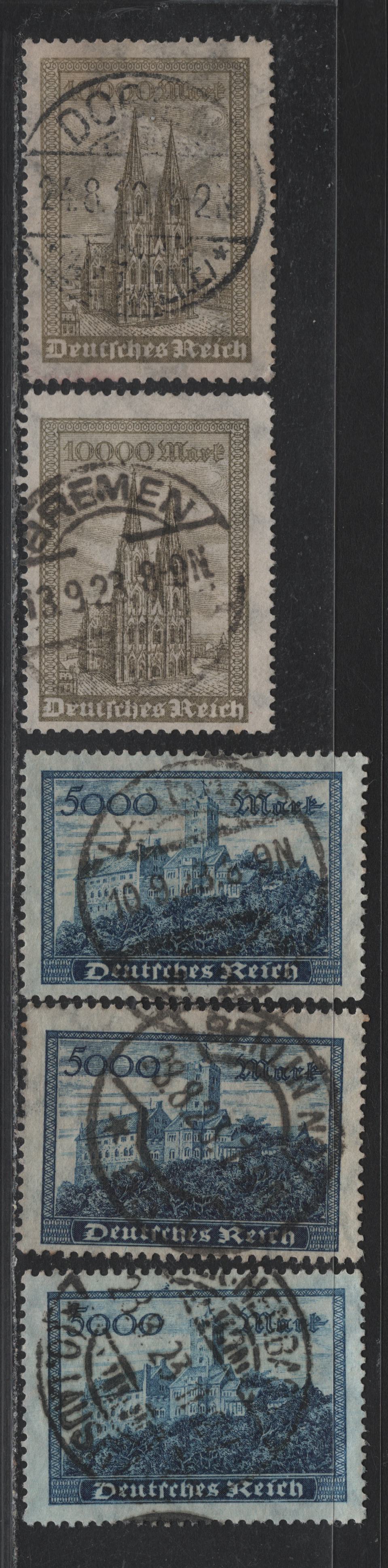 Lot 140 Germany SC#237-238 (261-262) 5000m - 10,000m Dark Blue - Brown Olive , 1922-1923 Numeral & Worker Issue, 5 Fine/Very Fine Used Singles, Used Examples, 1923-1924 Readable Town Cancels
