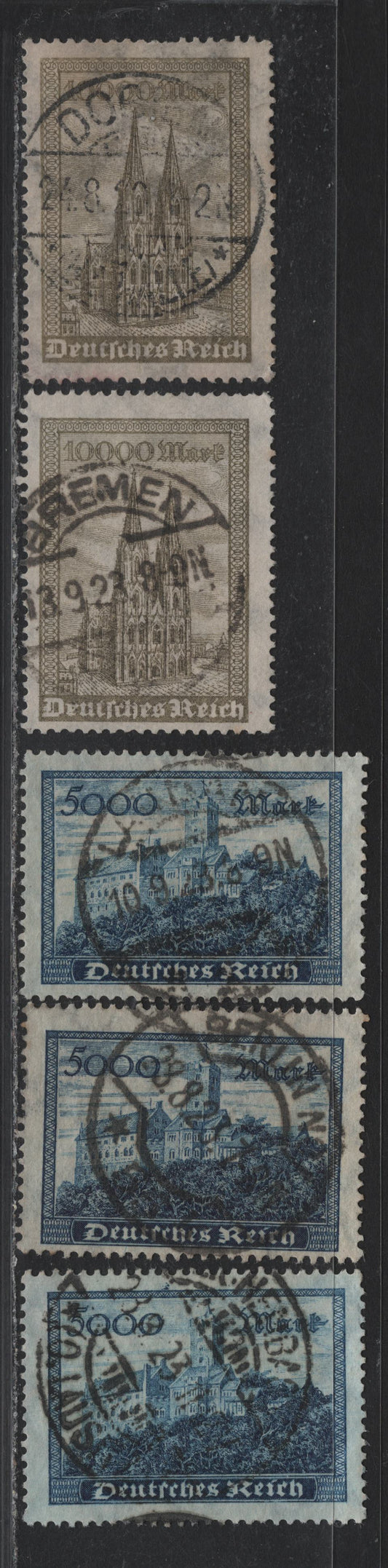 Lot 140 Germany SC#237-238 (261-262) 5000m - 10,000m Dark Blue - Brown Olive , 1922-1923 Numeral & Worker Issue, 5 Fine/Very Fine Used Singles, Used Examples, 1923-1924 Readable Town Cancels