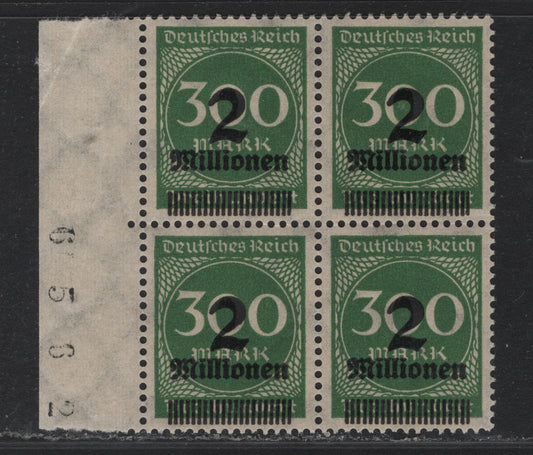 Lot 141 Germany SC#270 (310A) 2m on 300m Deep Green , 1923 Surcharged Issue, A VFNH Left Sheet Margin Block Of 4, Handstamped Sheet Number In Left Selvedge