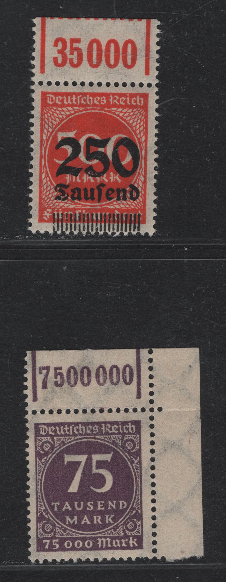 Lot 143 Germany SC#240, 260 (276WOR, 296WOR) 75th - 250th on 500m Dak Violet - Vermillion , 1923 Numeral & Surcharged Issues, 2 VFNH Top Sheet Margin Singles, Value Counters