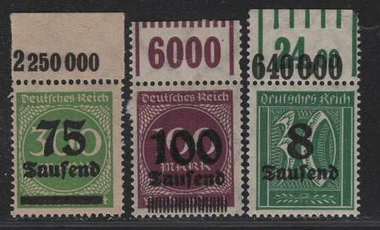 Lot 144 Germany SC#241, 253, 250 (278xWOR, 289bWOR, 286POR) 8th on 30pf - 100th on 100m Green - Purple Violet , 1923 Numeral & Surcharged Issues, 3 FNH Top Sheet Margin Singles, Value Counters
