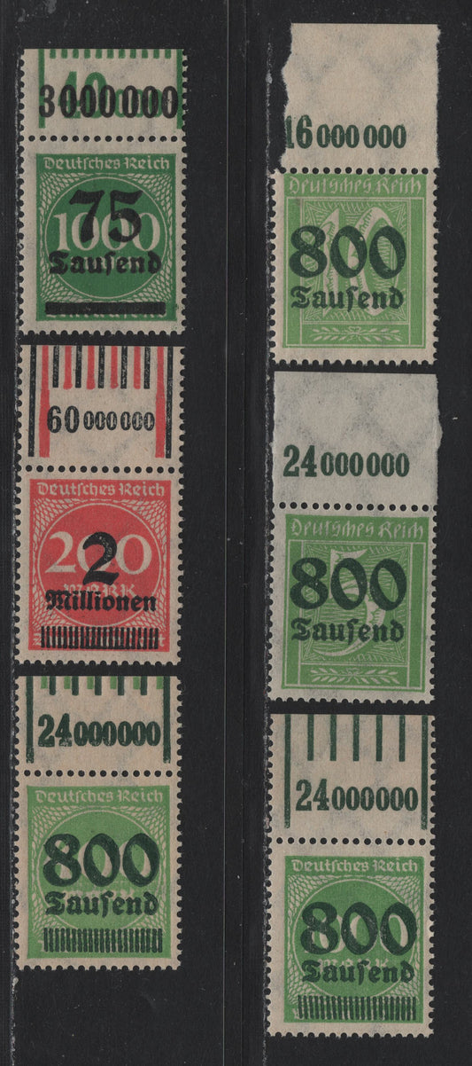 Lot 145 Germany SC#252, 261-262,266, 268, 269c (288IWOR, 301APOR, 302APOR, 306AWOR, 308aAWOR, 309WAOR) 75th on 1000m - 2mil on 200m Deep Green - Deep Rose , 1923 Numeral & Surcharged Issues, 6 F/VFNH Top Sheet Margin Singles, Counters
