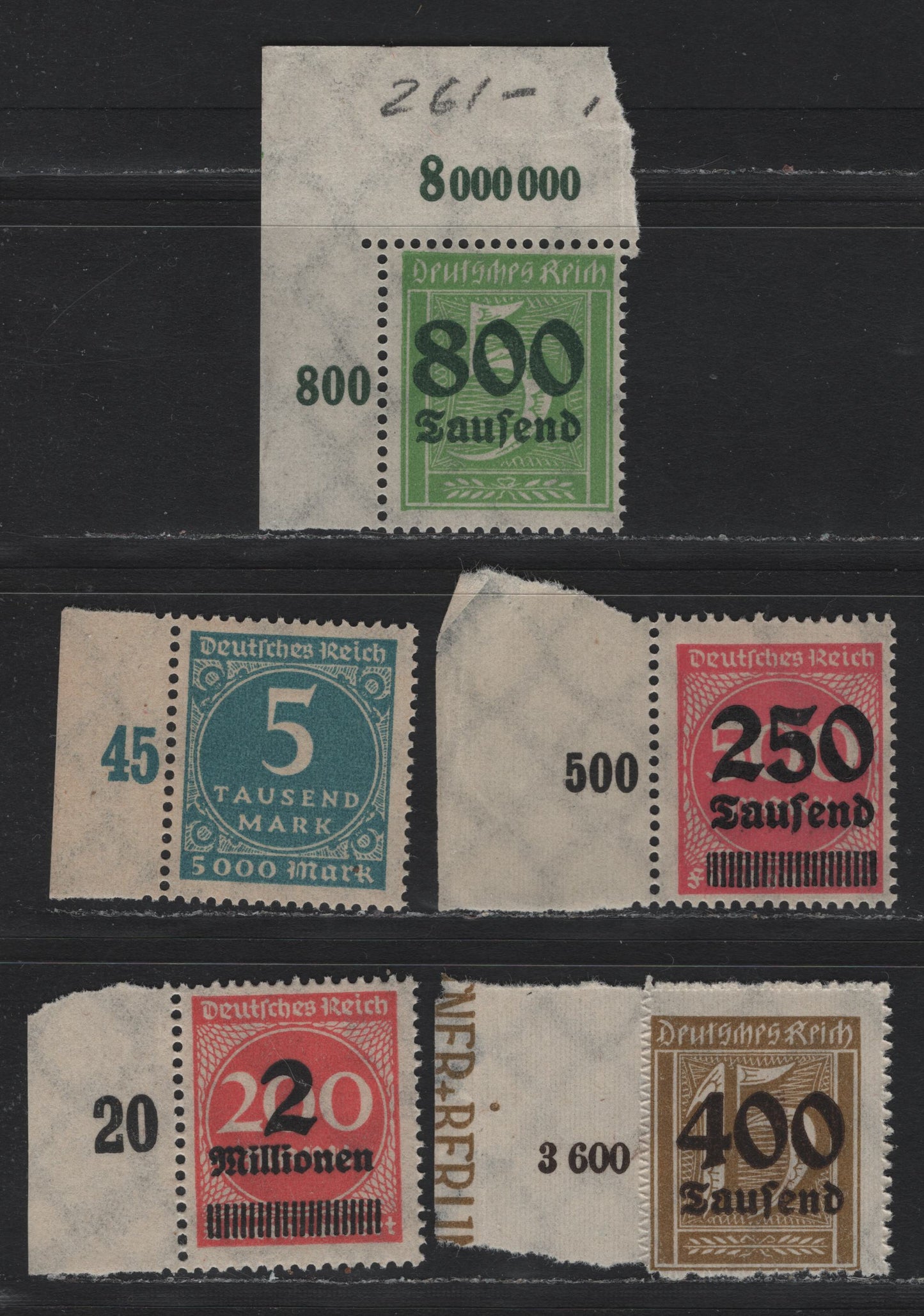 Lot 146 Germany SC#238A, 259, 261, 269, 273 (274, 295, 297, 301A) 5000, - 2mil on 200th Greenish Blue - Rose Red , 1923 Numeral & Surcharged Issues, 5 F/VFNH Left Sheet Margin Singles, Row Value Counters