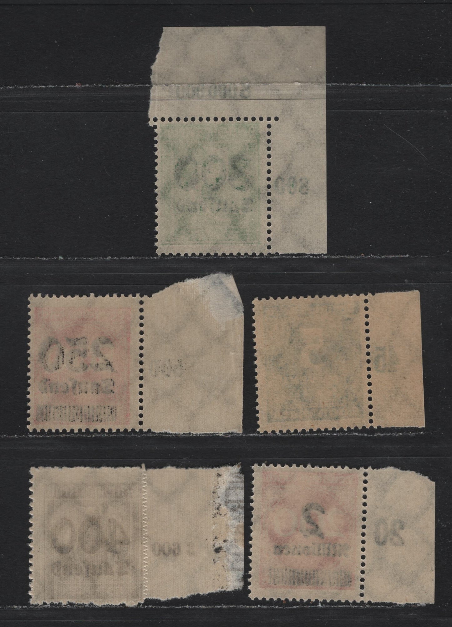 Lot 146 Germany SC#238A, 259, 261, 269, 273 (274, 295, 297, 301A) 5000, - 2mil on 200th Greenish Blue - Rose Red , 1923 Numeral & Surcharged Issues, 5 F/VFNH Left Sheet Margin Singles, Row Value Counters