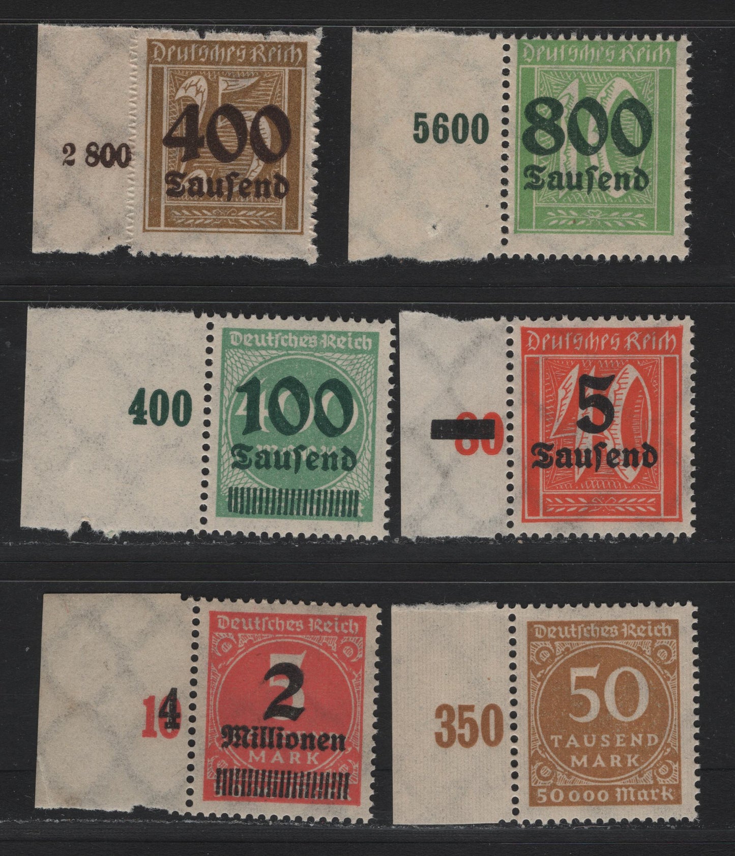 Lot 147 Germany SC#239, 242, 254, 262, 272, 274 (275a, 290, 277, 298, 302A, 312Aa) 50,000m - 2mil on 5mil Bistre - Rose Red , 1923 Numeral & Surcharged Issues, 6 F/VFNH Left Sheet Margin Singles, Left Row Value Counters