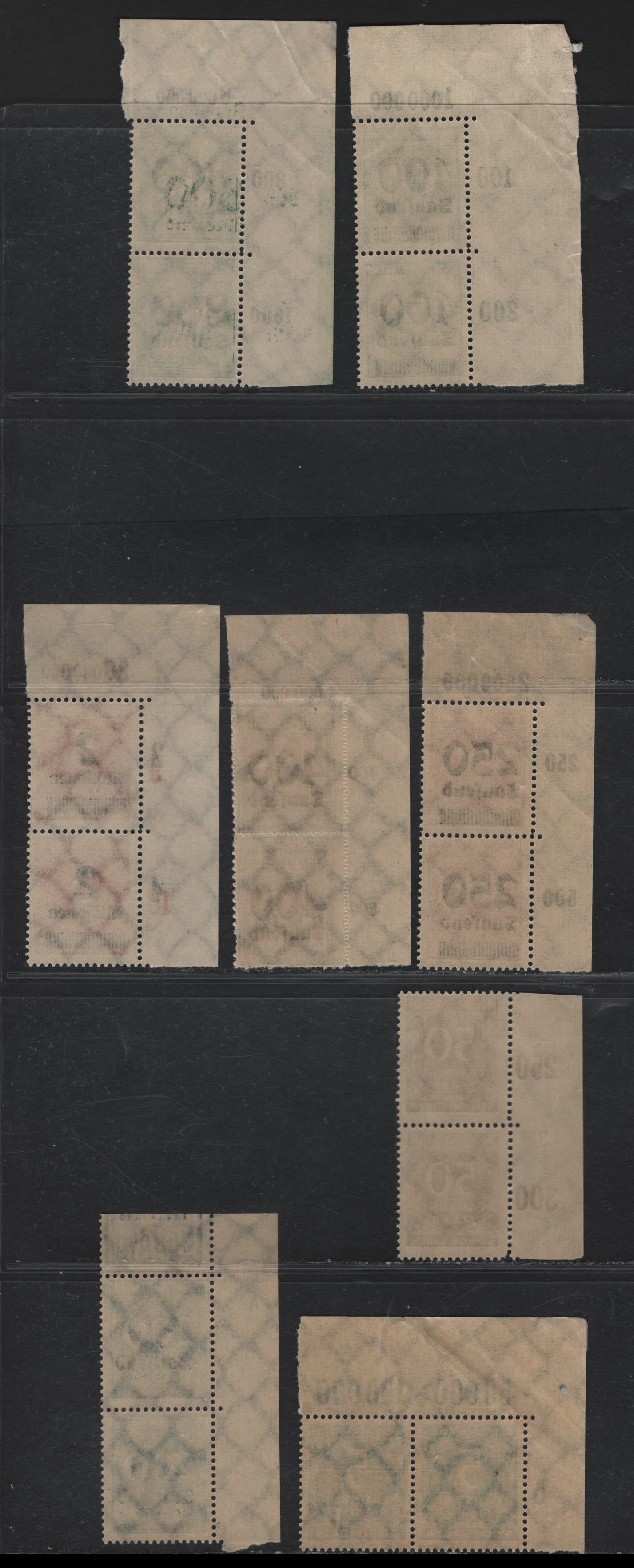 Lot 149 Germany SC#238A/273 (274POR/312aPOR) 5,000m - 2mil on 5,000m Greenish Blue - Rose Red , 1923 Numeral & Surcharged Issues, 8 F/VFNH UL Sheet Margin Pairs, Showing Column & Row Counters, Plus Additional Inscriptions
