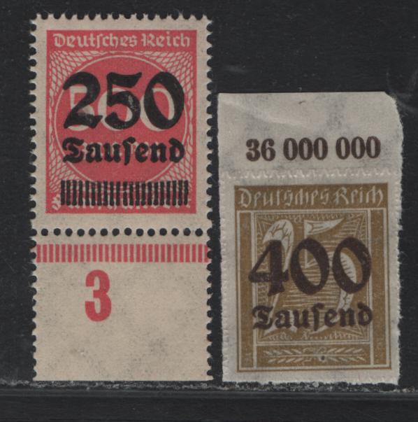 Lot 150 Germany SC#260, 274 (298POR, 295) 250th on 500m - 400th on 25m Rose - Bistre Brown , 1923 Numeral & Surcharged Issues, 2 VFNH Top & Bottom Sheet Margin Singles, Showing Value Counter & Column Number