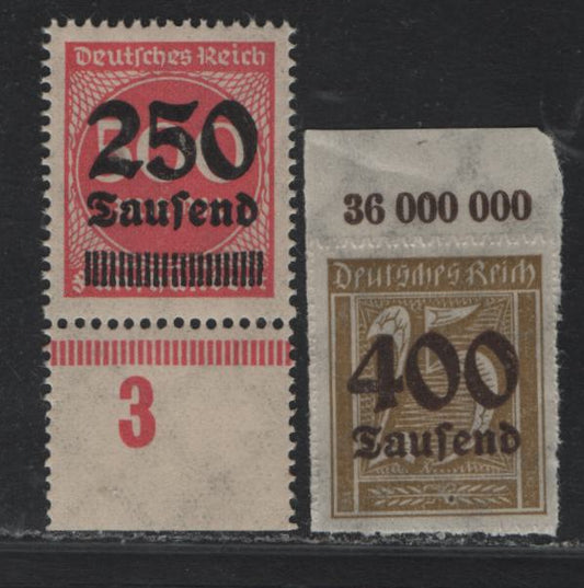 Lot 150 Germany SC#260, 274 (298POR, 295) 250th on 500m - 400th on 25m Rose - Bistre Brown , 1923 Numeral & Surcharged Issues, 2 VFNH Top & Bottom Sheet Margin Singles, Showing Value Counter & Column Number