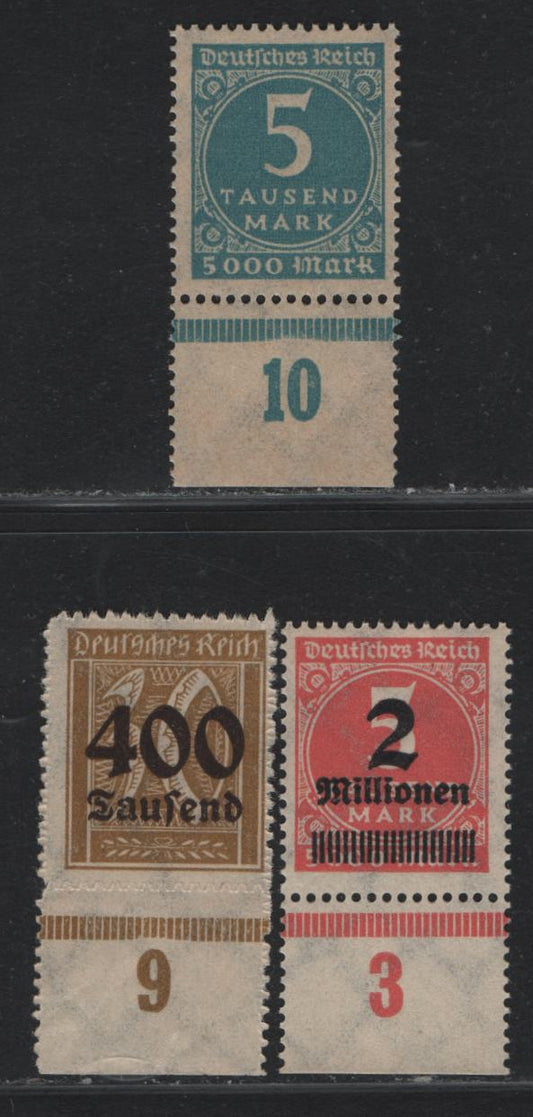 Lot 151 Germany SC#238A, 272, 275 (274299, 312Aa) 5000m - 2mil on 5000m Greenish Blue - Rose Red , 1923 Numeral & Surcharged Issues, 3 F/VFNH Bottom Sheet Margin Singles, Showing Column Numbers