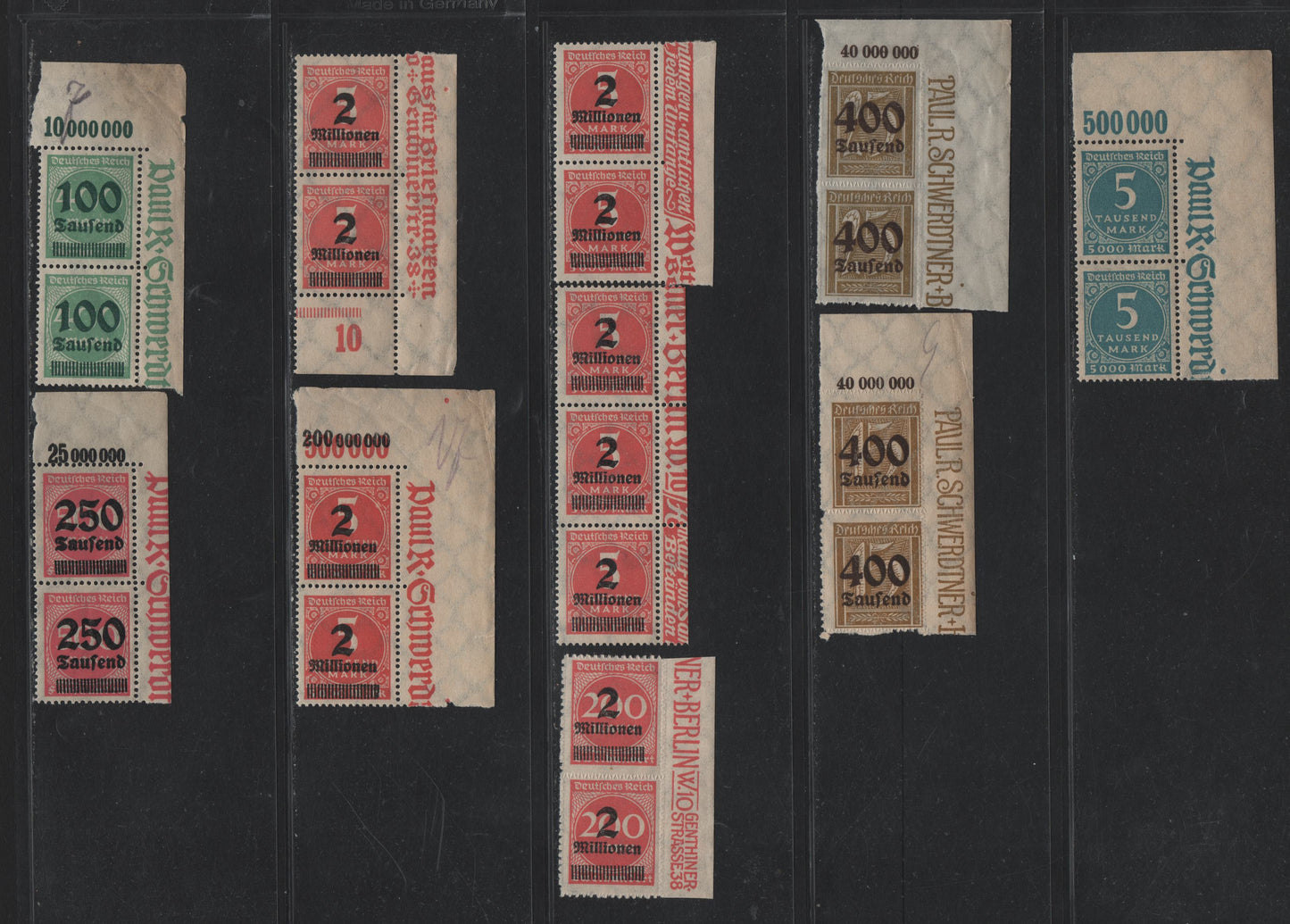 Lot 152 Germany SC#238A, 254, 259, 269, 272-274 5,000m - 2mil on 5,000m Greenish Blue - Rose Red , 1923 Numeral & Surcharged Issues, 10 F/VFNH UR & Right Sheet Margin Pairs, Showing Value Counters & partial Inscriptions, Unlisted As Such In Michel