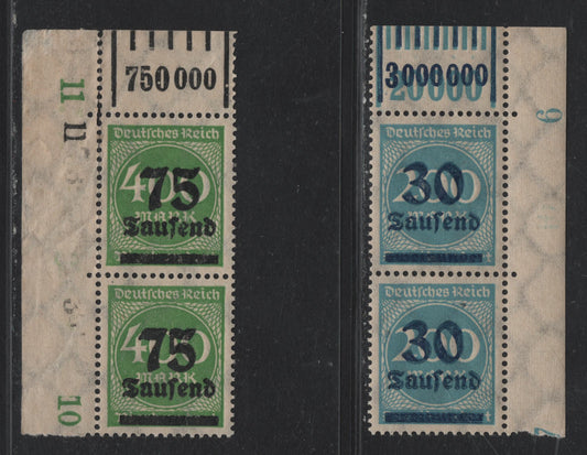 Lot 154 Germany SC#249, 251 30th on 200m -75th on 400m Pale Blue - Green , 1923 Numeral & Surcharged Issues, 2 VFNH UL & UR Sheet Margin Pairs, Perforation Row Numbers & Value Counters, Some Perf Separation On 75th Pair