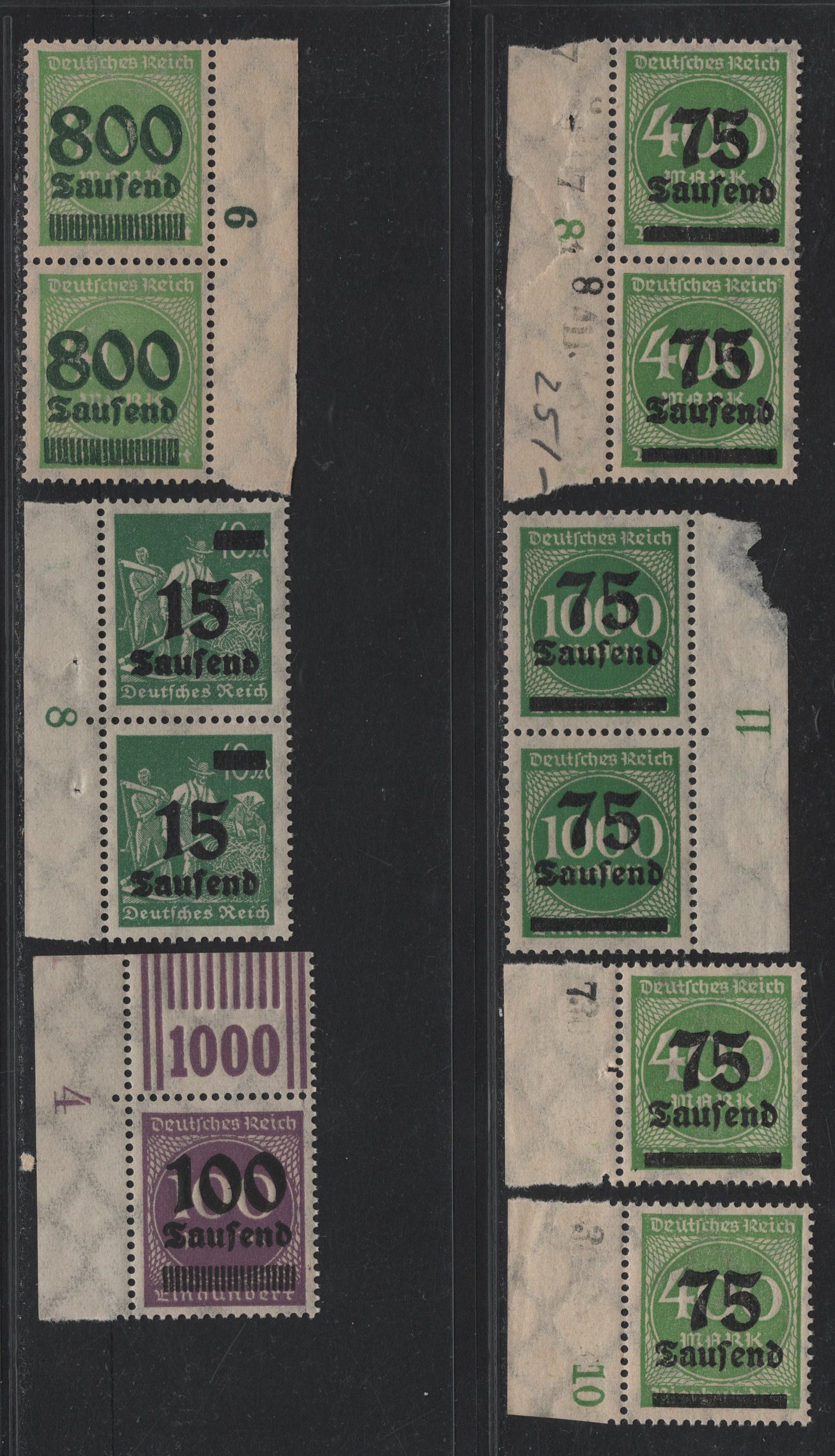 Lot 155 Germany SC#243, 251-253, 266 75th on 400m - 800th on 400m Light Green , 1923 Numeral & Surcharged Issues, 7 VFNH Sheet Margin Singles & Pairs, Showing Various Sideways Numbers In Selvedge