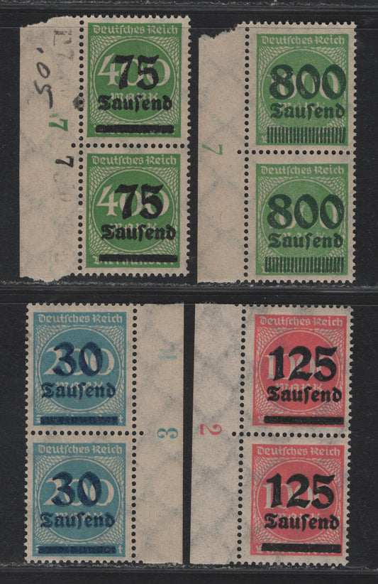 Lot 156 Germany SC#249, 251, 255, 268 30th on 200m - 800th on 1000m Light Blue - Green , 1923 Numeral & Surcharged Issues, 4 VFNH Right & Left Sheet Margin Pairs, Sideways Numbers IN Margins