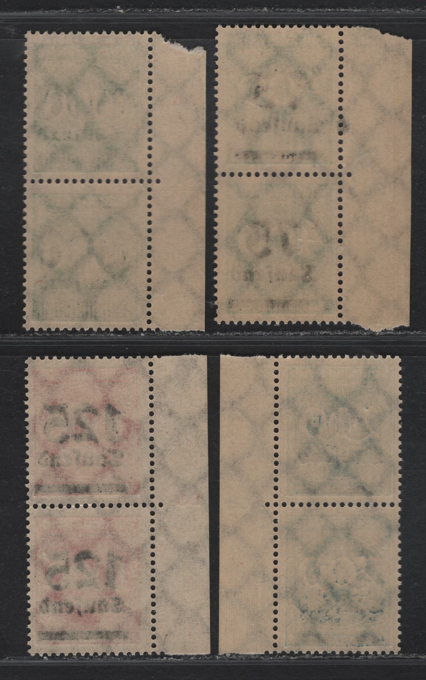 Lot 156 Germany SC#249, 251, 255, 268 30th on 200m - 800th on 1000m Light Blue - Green , 1923 Numeral & Surcharged Issues, 4 VFNH Right & Left Sheet Margin Pairs, Sideways Numbers IN Margins