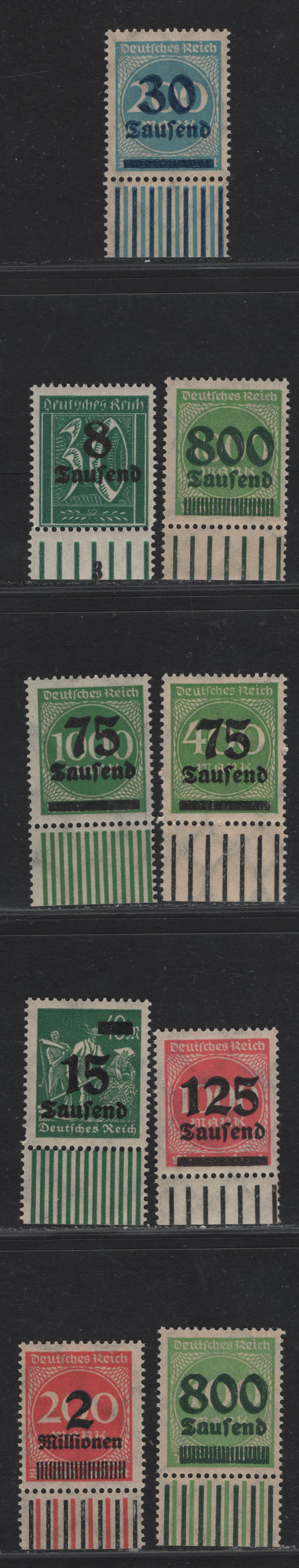 Lot 157 Germany SC#242A, 243, 249, 251-252, 255, 266, 268-269 8th on 30pf - 2mil on 200m Green - Deep Rose , 1923 Numeral & Surcharged Issues, 9 F/VFNH Bottom Sheet Margin Singles, Color Density Bars, 8c Has What Appears To Be A Control Number