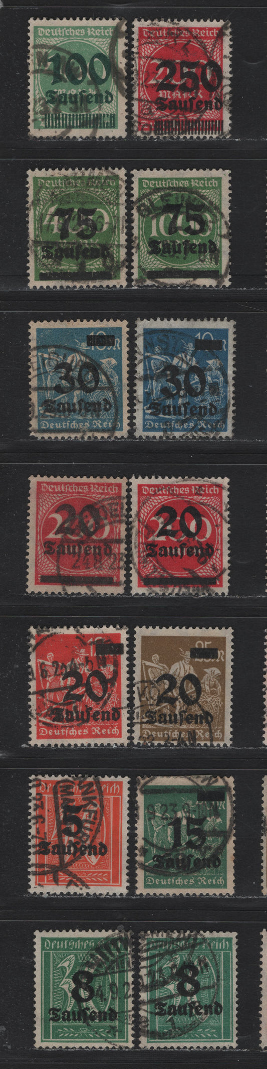 Lot 158 Germany SC#241-246, 248, 251-252, 254, 256 (277, 278x, 279A, 280-282II, 284, 287a, 288I, 290, 292) 5th on 40pf - 2.50th on 200m Orange - Red , 1923 Surcharged Issue, 14 Fine/Very Fine Used Singles, Postally Used