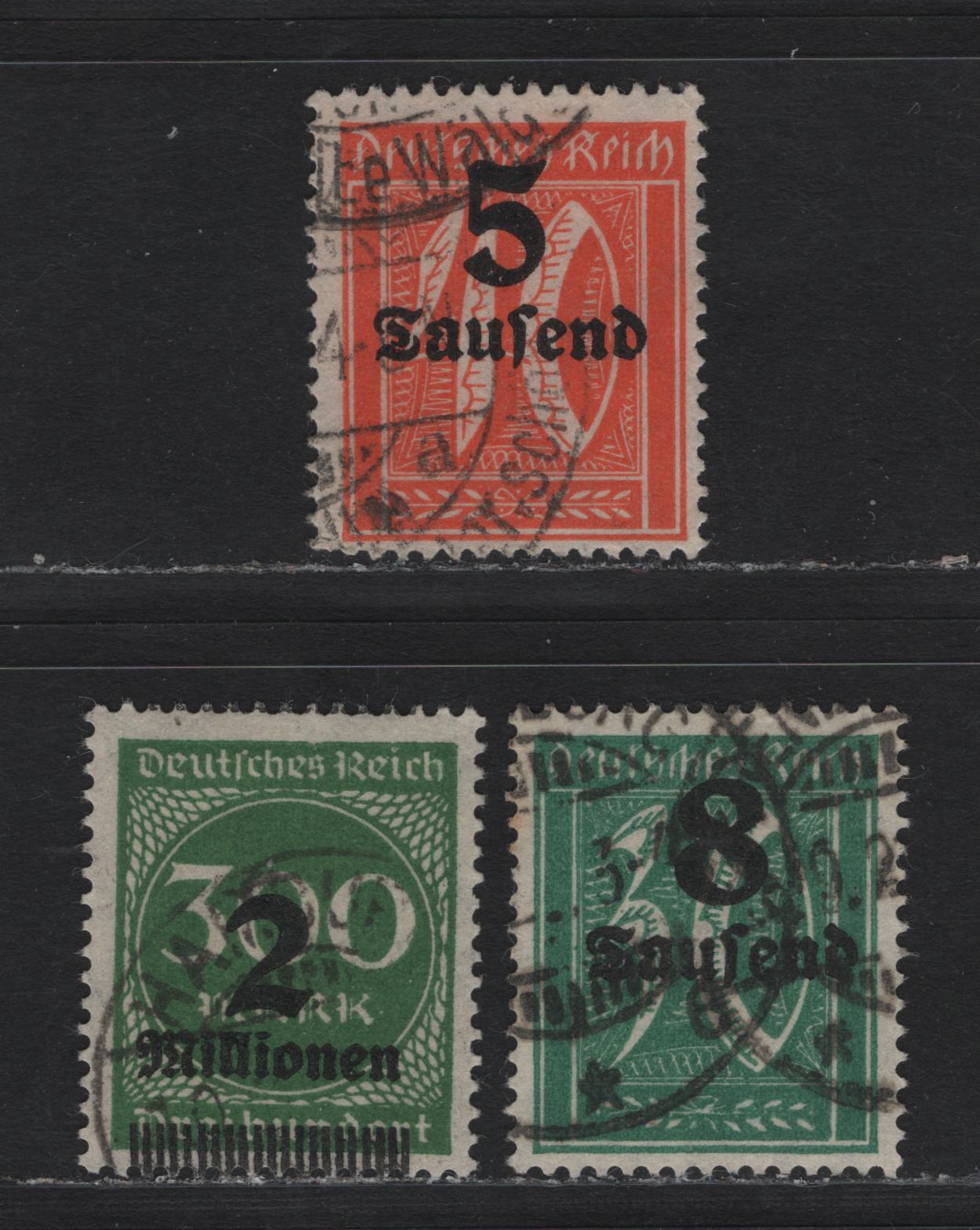 Lot 162 Germany SC#241var, 242var, 270var (277var, 278x, 310Avar) 5th on 40pf - 2mil on 300m Orange - Green , 1923 Surcharged Issue, 3 Fine/Very Fine Used Singles, Significant Surcharge Shifts