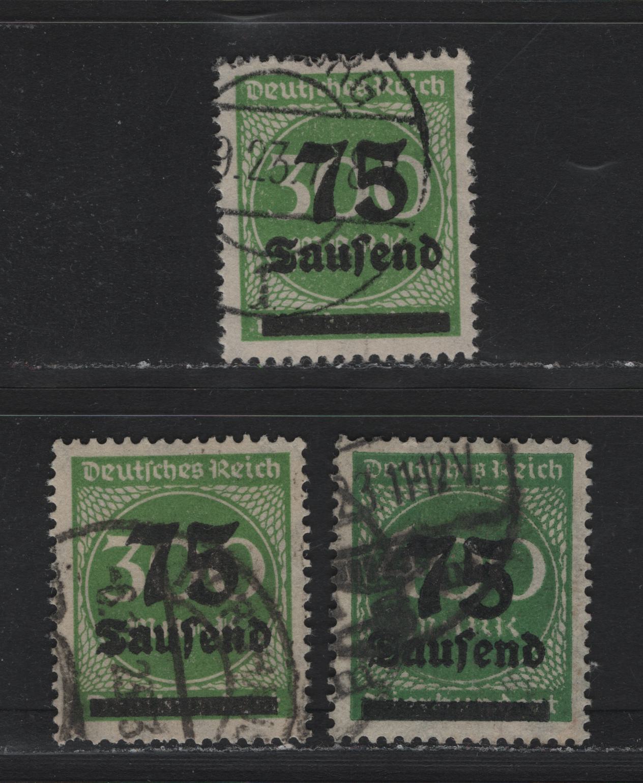 Lot 164 Germany SC#250-251 (286, 287a-b) 75th on 300m - 75th on 400m Light Green - Dark Green , 1923 Surcharged Issue, 3 Fine/Very Fine Used Singles, Postally Used & CTO Example Of The 75th On 300m