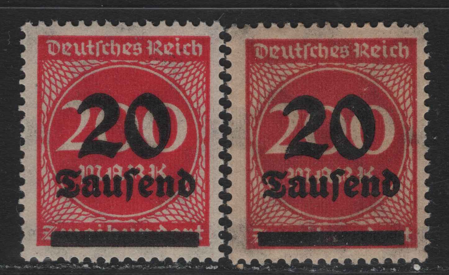 Lot 170 Germany SC#246var (282Ivar) 20th on 200m Lilac Red & Brownish Lilac Red , 1923 Surcharged Issue, 2 VFNH Singles, Common & Unlisted Scarcer Shade