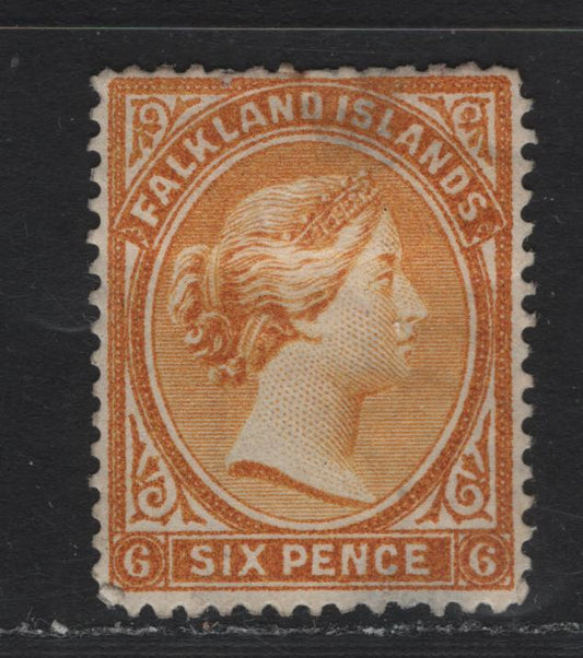 Lot 17 Falkland Islands SG#33x 6d Orange Yellow , 1891-1902 Queen Victoria Sideface Issue, A FOG Single, Reversed Wmk, Small Thin