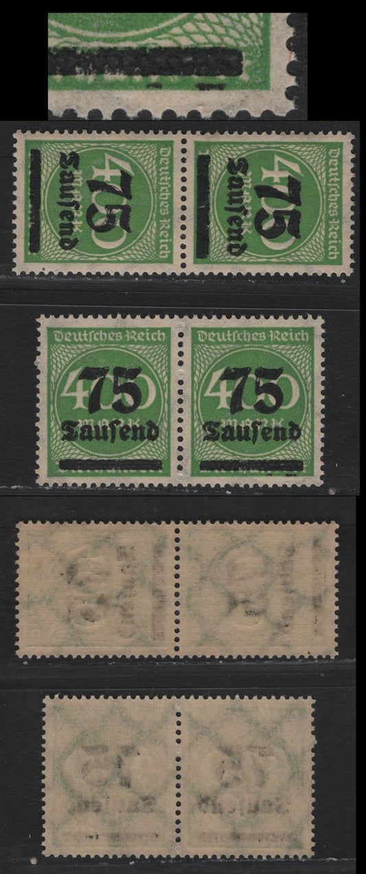 Lot 173 Germany SC#251 (287avar) 75th on 400m Yellow Green , 1923 Surcharged Issue, 2 VFNH Pairs, Two Black Dashes Under Surcharge Bar on Right Stamp, Alternate Thick & Thin Numerals On Second Pair
