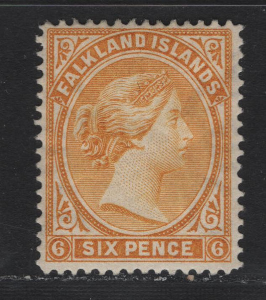 Lot 18 Falkland Islands SG#34 6d Yellow , 1891-1902 Queen Victoria Sideface Issue, A VFOG Single