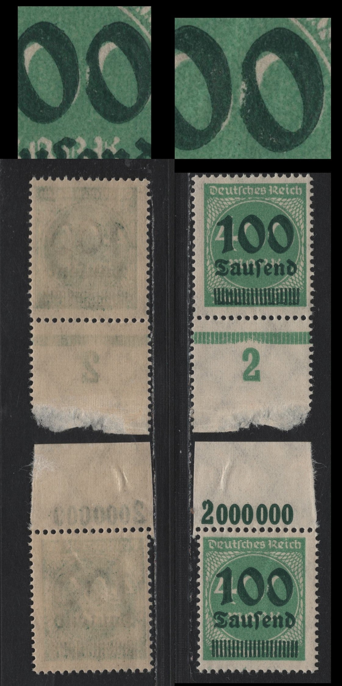 Lot 180 Germany SC#254var (290var, 290PORvar) 100th on 400m Milky Green , 1923 Surcharged Issue, 2 FNH Top & Bottom Sheet Margin Singles, Showing Dented 'O' On Left Side