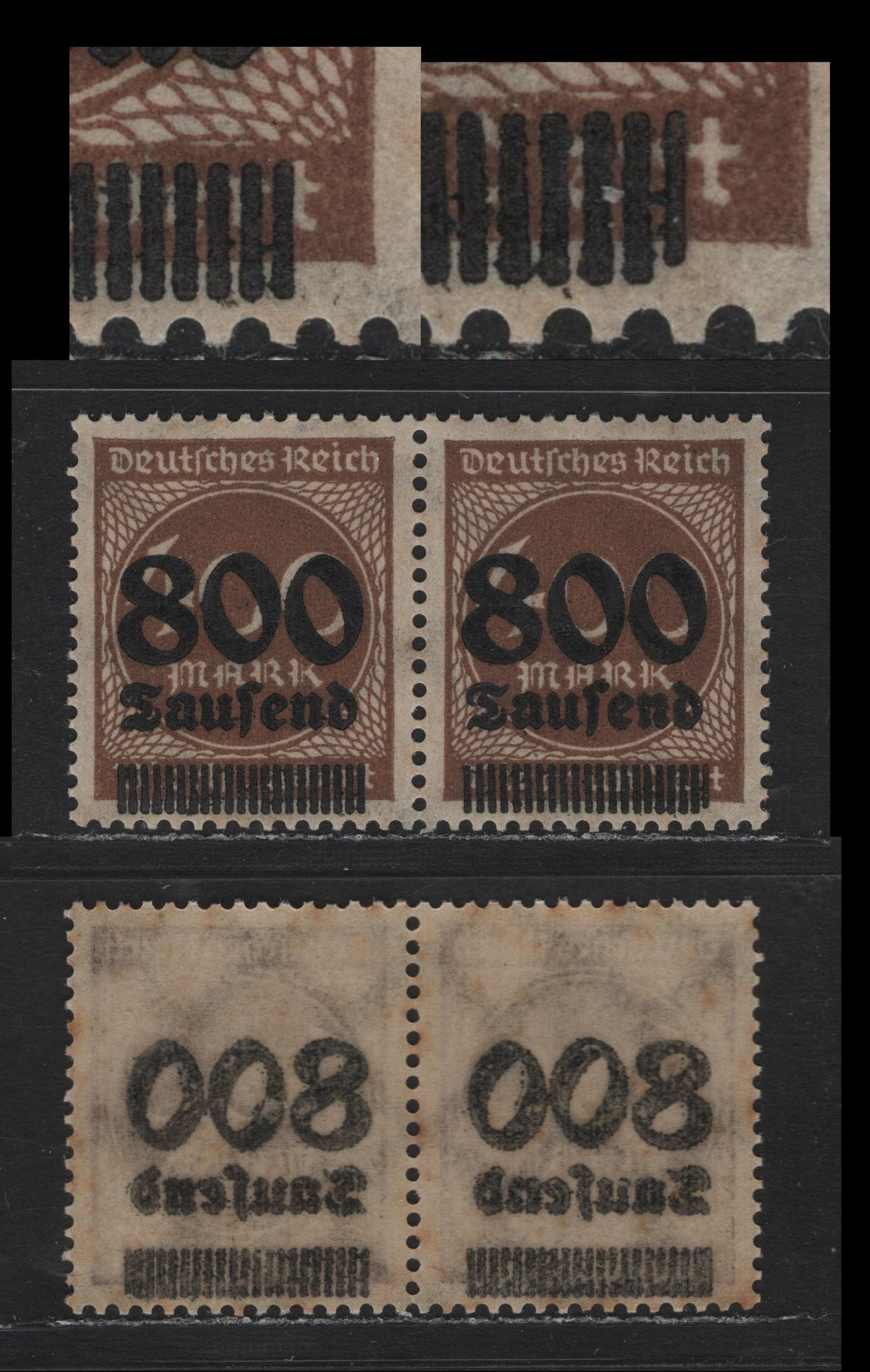 Lot 190 Germany SC#265 (305Avar) 800th on 400m Brown , 1923 Surcharged Issue, A VFNH Pair, Showing Double Variety