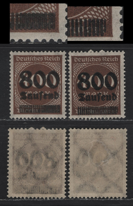Lot 193 Germany SC#265var (305Avar) 800th on 400m Brown , 1923 Surcharged Issue, 2 VFOG/NH Singles, Two Examples With Unlisted Surcharge Bar Varieties