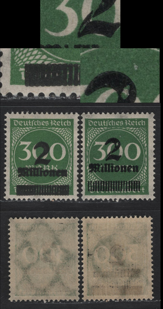 Lot 197 Germany SC#270var (310Avar) 2mil on 300m Deep Green , 1923 Surcharged Issue, 2 F/VFNH Singles, Damaged '2' & Overinked Overprint, Showing Joined Surcharge Bars