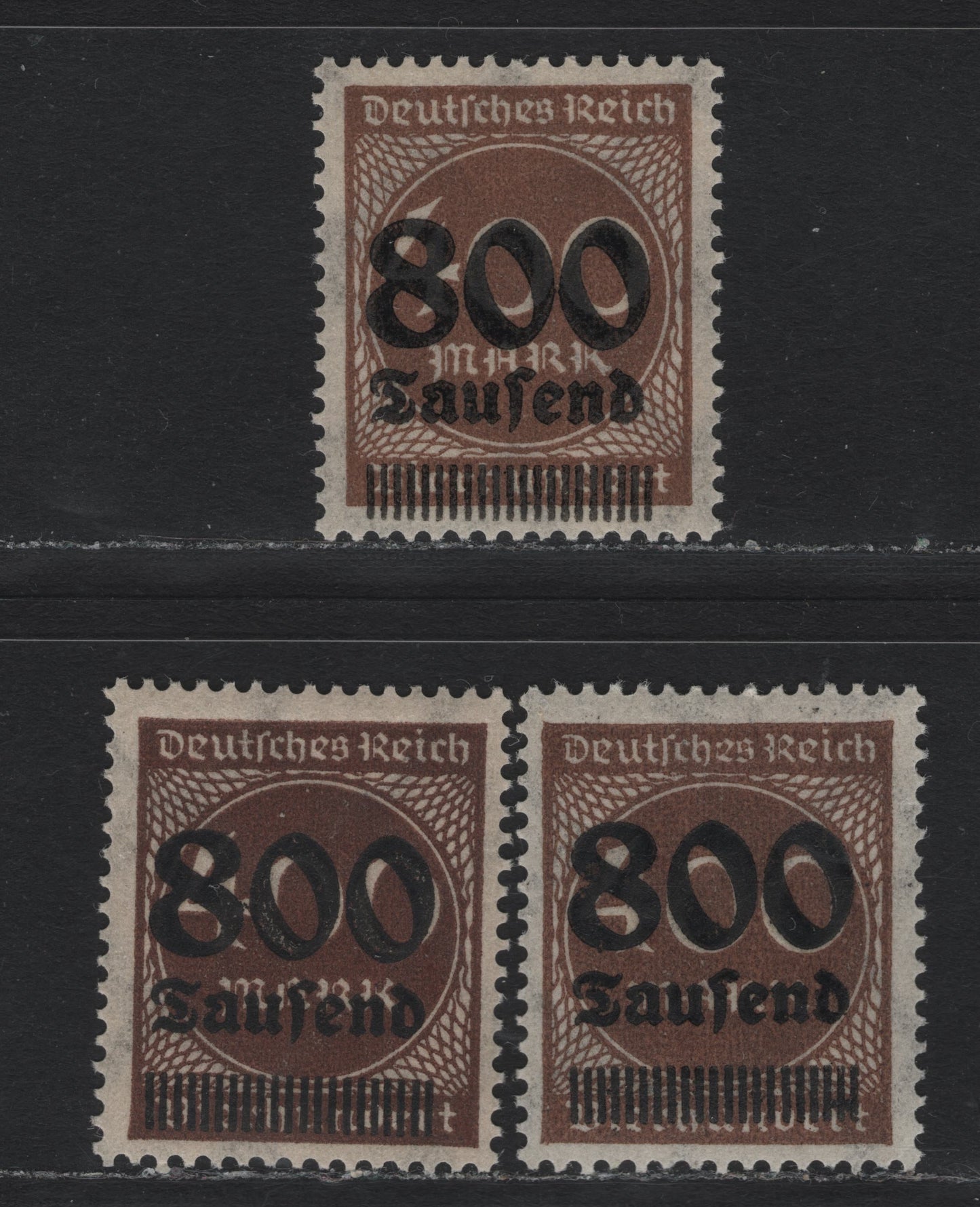 Lot 198 Germany SC#265 (305A) 800th on 400m Brown, Dark Brown & Pale Brown , 1923 Surcharged Issue, 3 VFNH Singles
