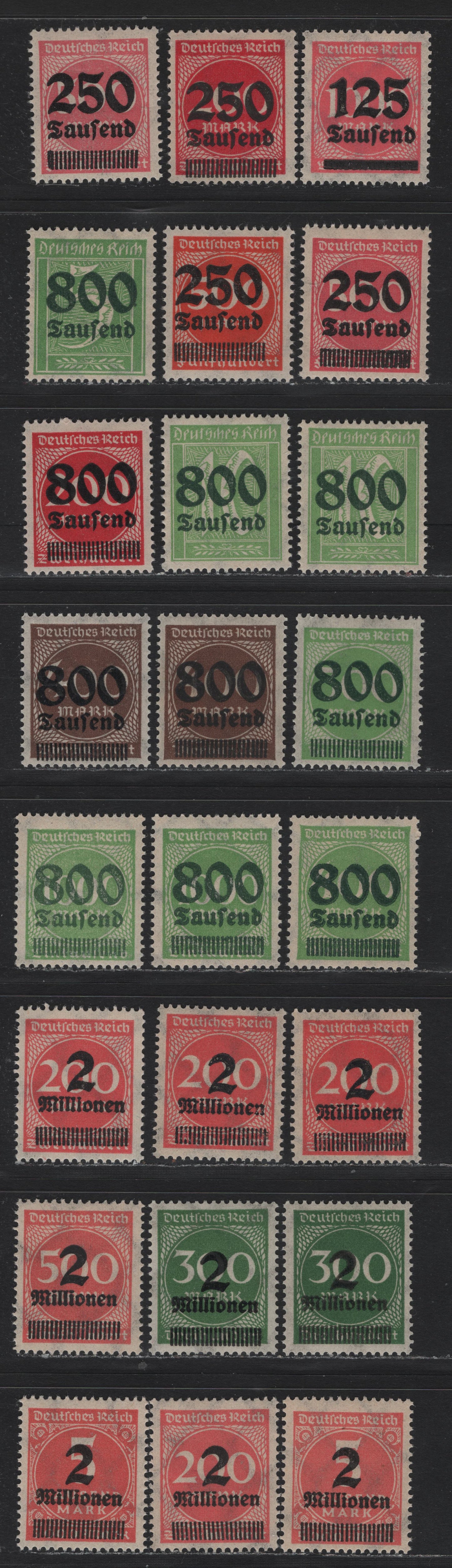 Lot 199 Germany SC#255/272 (291a, 292/296, 301A/312A) 125th on 1000m - 2mil on 5th Salmon Pink - Dull Rose , 1923 Surcharged Issue, 24 F/VFNH Singles, Selection of Singles With Several Shade Varieties Of Several Values