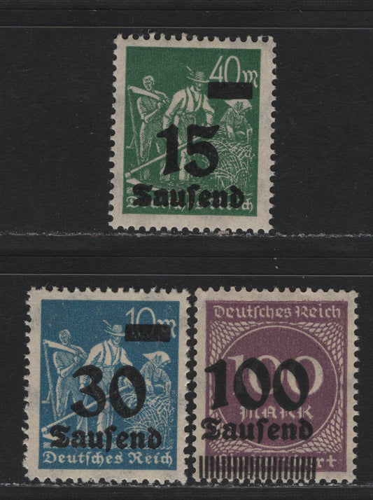 Lot 200 Germany SC#243, 248, 253 (279avar, 284var, 289bvar) 15th on 40m - 100th 100m Green - Purple , 1923 Surcharged Issue, 3 VFNH Singles, Dramatic Downward Shifts Of The Surcharge