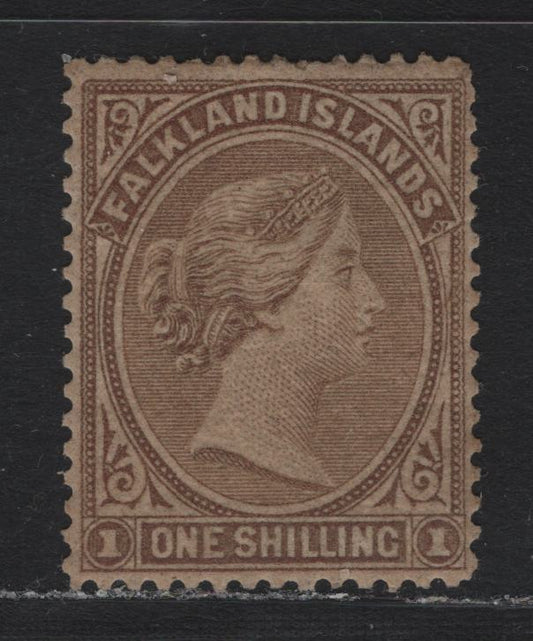 Lot 2 Falkland Islands SG#4 1/- Bistre Brown , 1878-1879 Queen Victoria Sideface Issue, A VGOG Single, Bradbury Wilkinson Printing, Unwatermarked, Perf 14 & 14.5, Some Gum Toning.