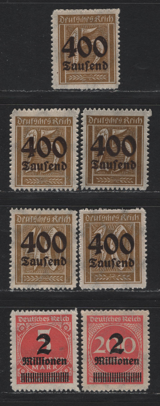 Lot 202 Germany SC#273-278 (297-300, 309BPa, 312B) 400th on 15pf - 2 mil on 5th Bistre Brown - Dull Rose , 1923 Surcharged Issue, 7 VFNH Singles, Serrate Roulette Surcharges With Extra Shades Of The 400th on 25pf
