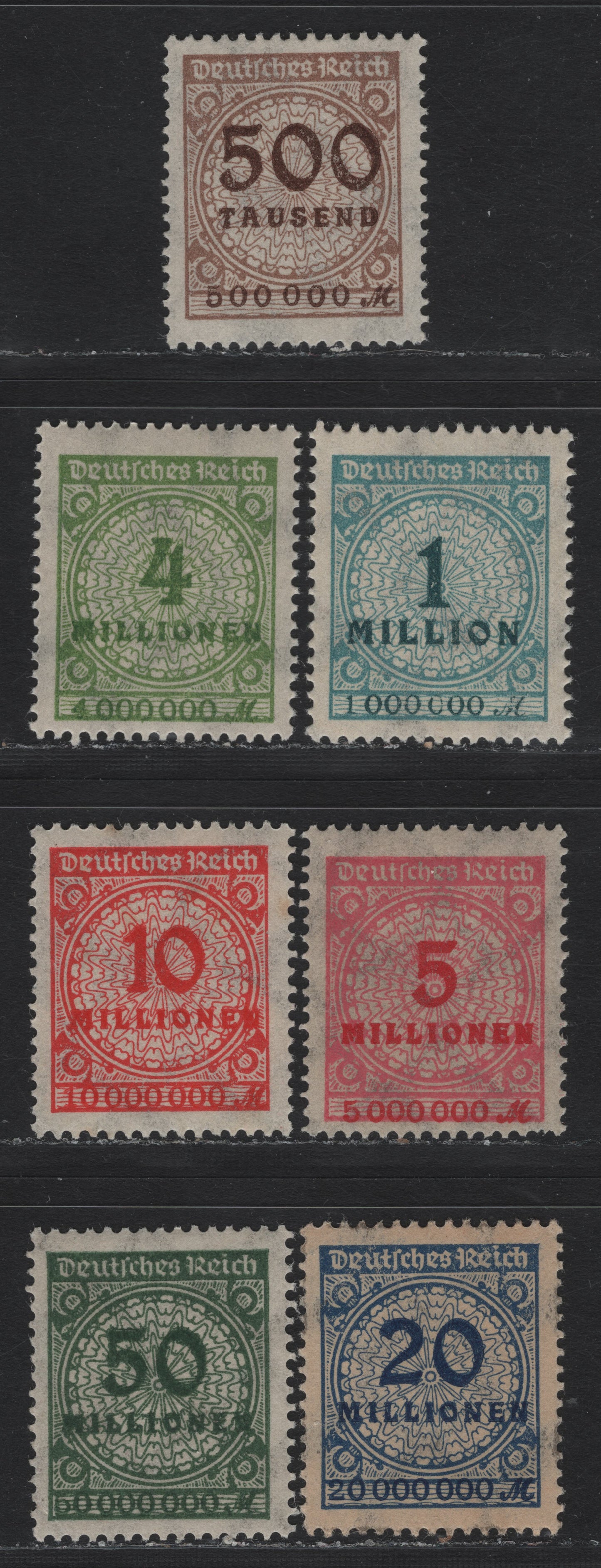 Lot 206 Germany SC#280/289 (313AP), 314AP, 316AP, 317AP, 318AP, 319Apa, 321APa) 500th - 50milm Brown -Dull Olive Green , 1923 Numeral & Rosette Issue, 7 F/VFNH Singles, Flat Plate Printings