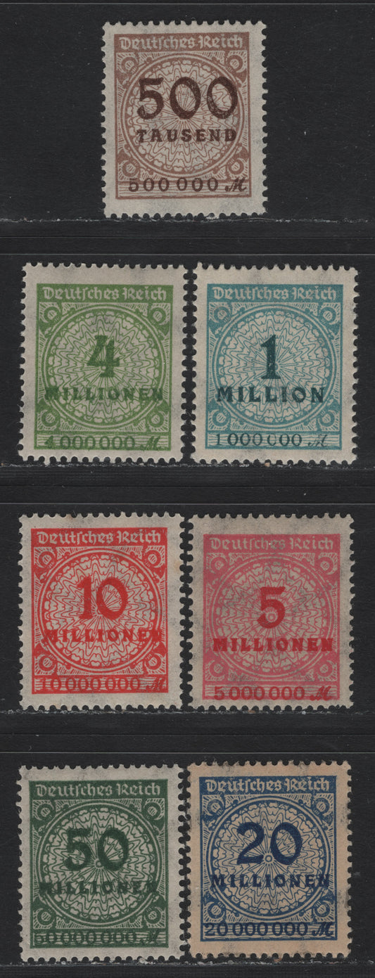 Lot 206 Germany SC#280/289 (313AP), 314AP, 316AP, 317AP, 318AP, 319Apa, 321APa) 500th - 50milm Brown -Dull Olive Green , 1923 Numeral & Rosette Issue, 7 F/VFNH Singles, Flat Plate Printings