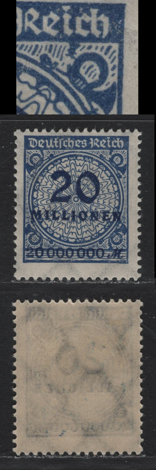 Lot 207 Germany SC#287var (319APa) 20mil Dark Violet Ultramarine , 1923 Numeral & Rosette Issue, A FOG Single, Flat Plate Printing Showing Broken Posthorn At UR, Not Listed In Michel