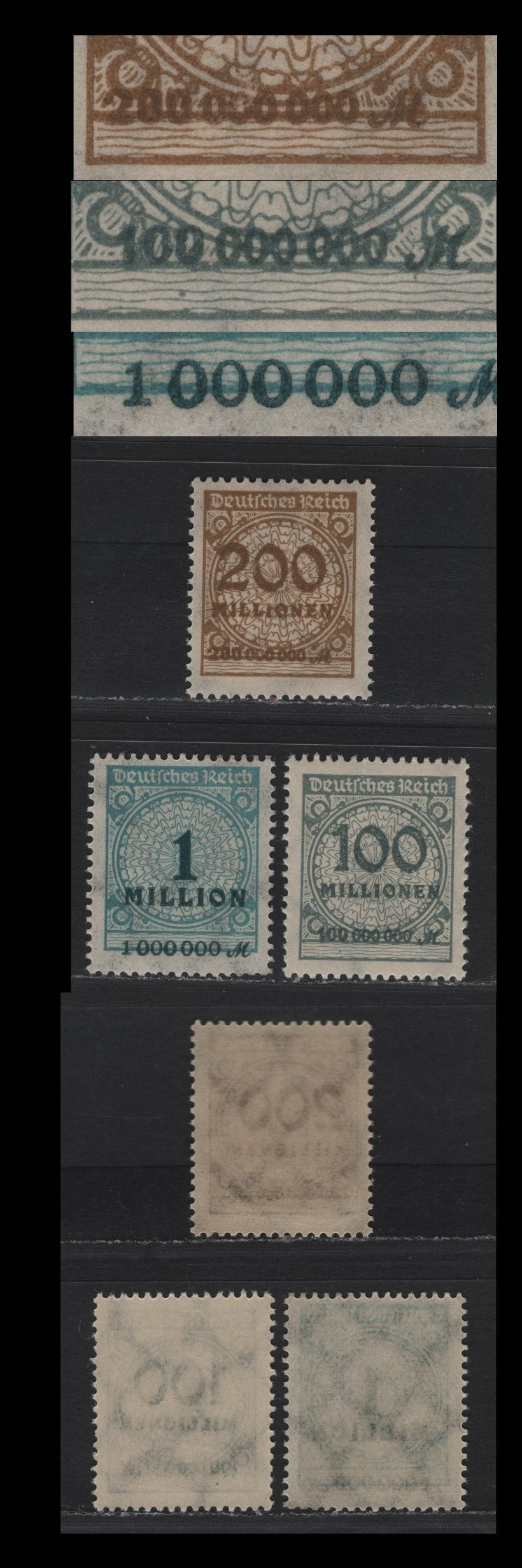 Lot 209 Germany SC#280, 281, 286 (313A, 314APOR, 318A, 318APOR) 1mil - 500th Greenish Blue - Brown , 1923 Numeral & Rosette Issue, 4 VFNH Top & Sheet Margin Singles, Value Counters & Inscriptions