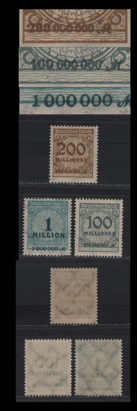 Lot 208 Germany SC#281var, 290var, 291var (314APvar, 322APvar, 323APa) 1mil - 200m Greenish Blue - Lively Ochre Brown , 1923 Numeral & Rosette Issue, 3 F/VFNH Singles, Flat Plate Printings, Showing Shifts Of Denominations Upward & Downward