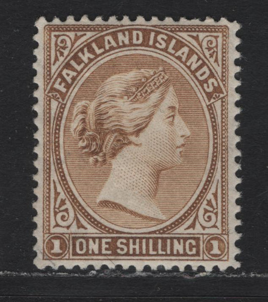 Lot 21 Falkland Islands SG#38 1/- Yellow Brown , 1891-1902 Queen Victoria Sideface Issue, A VFOG Single