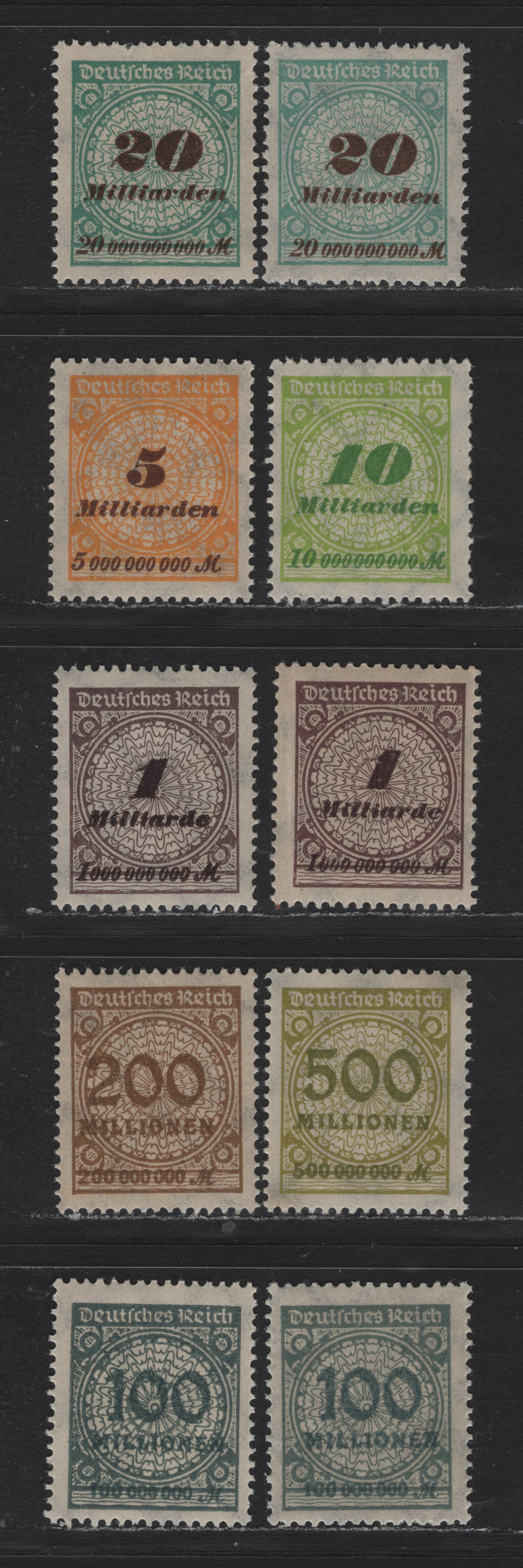 Lot 211 Germany SC#290-294, 296-298 (322AP, 323APa, 324AP, 325APa, 327AP,328AP, 329AP) 100mil - 20mlrd Bluish Green Gray & Brown , 1923 Numeral & Rosette Issue, 10 F/VFNH Singles, Flat Plate Printings With Additional Shades Of The 1mrld & 20mlrd