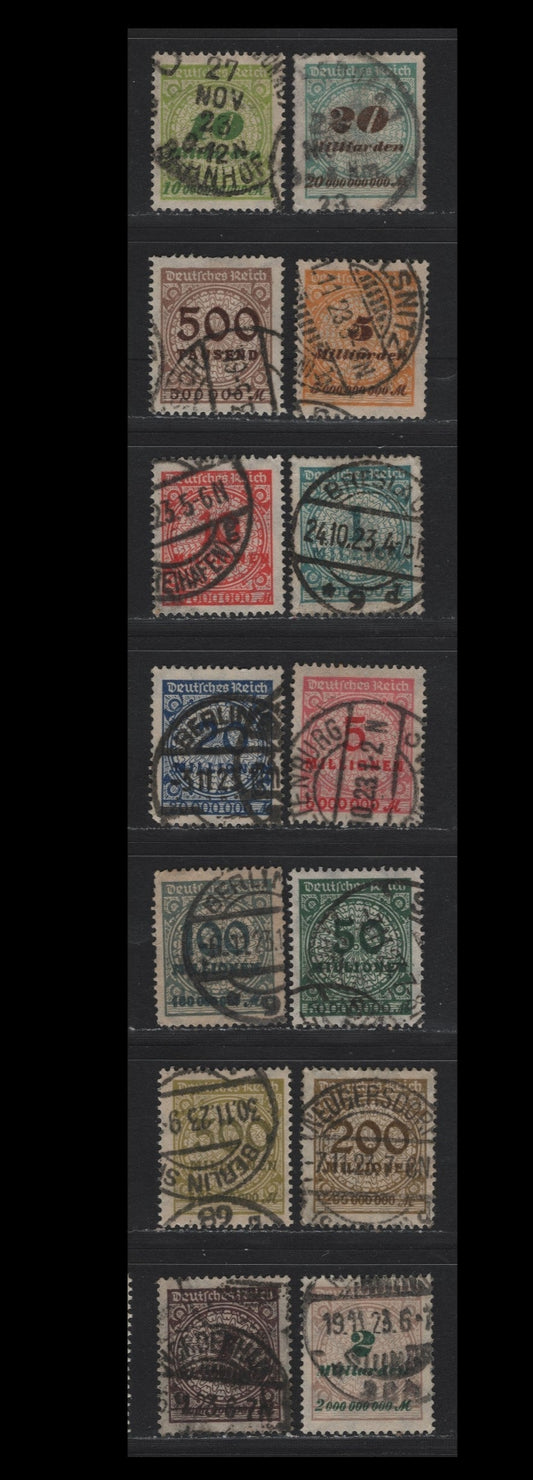 Lot 213 Germany SC#280-281, 285-287, 289-298 (313AP/329AP) 500th - 20mlrd Brown - Bluish Green & Brown , 1923 Numeral & Rosette Issue, 14 Fine/Very Fine Used Singles, Flat Plate Printings, Postally Used With Contemporary Cancels