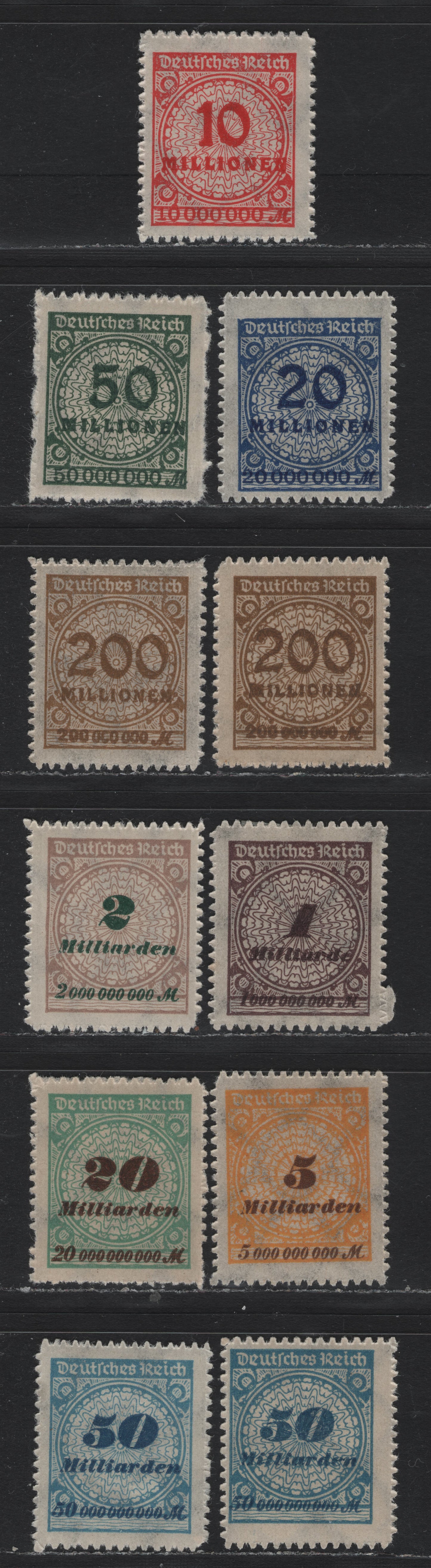 Lot 214 Germany SC#301-309 (318BP/330BP) 10mil - 50mlrd Orange Vermillion - Blue & Deep Blue , 1923 Numeral & Rosette Issue, 11 F/VFNH/OG Singles, Serrate Roulette Singles, Additional Shades Of The 200m &50mlrd