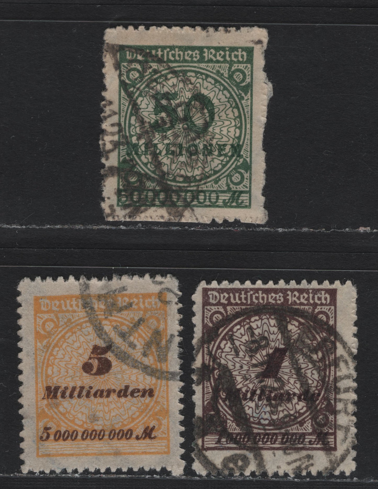 Lot 215 Germany SC#303, 305, 307 50m - 5mld Million Dark Olive Green - Yellow & Brown , 1923 Numeral & Rosette Issue, 3 Fine/Very Fine Used Singles, Flat Plate Printings With Serrate Roulette, Postally Used, Two Having BPP Guarantee.