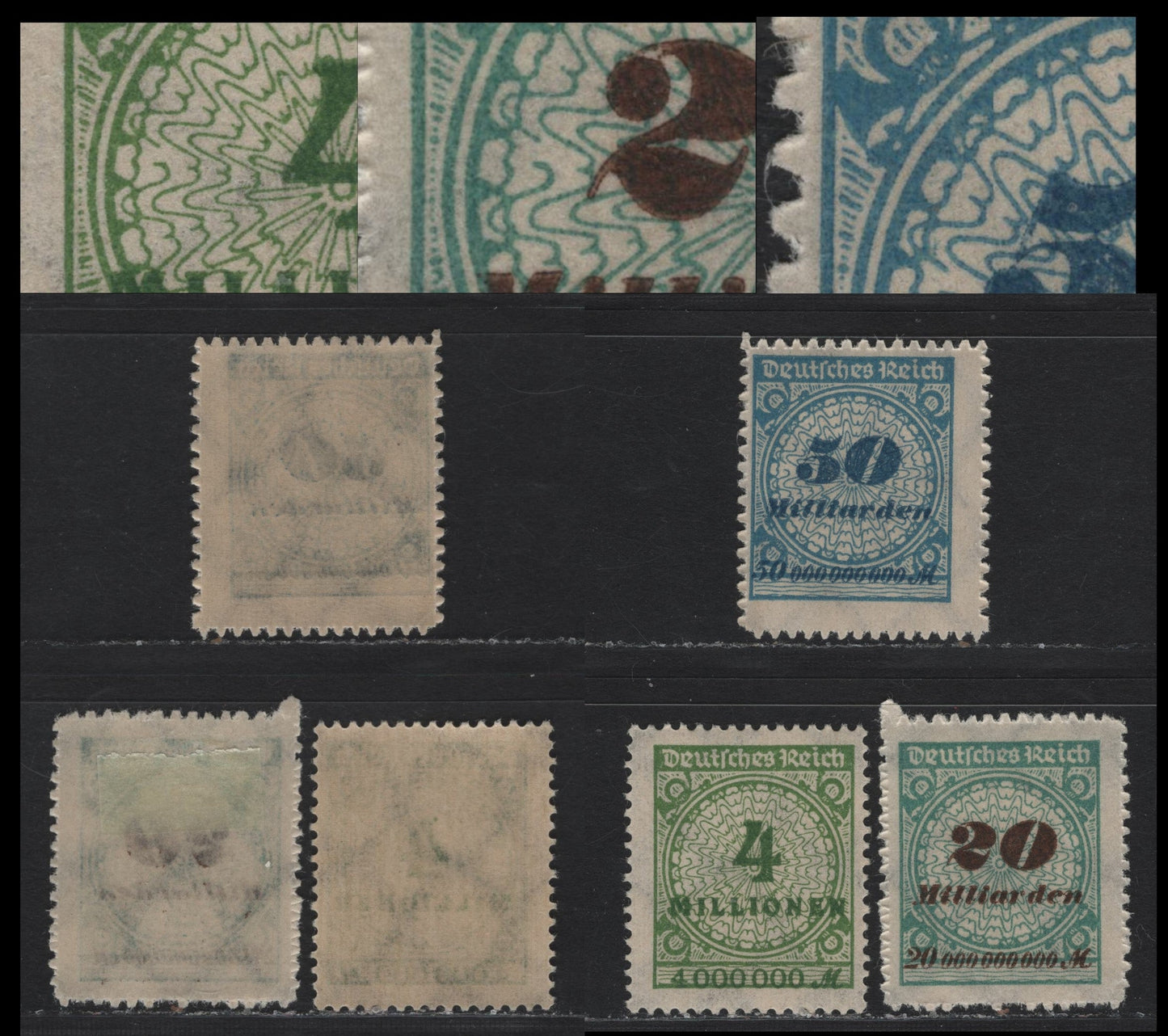 Lot 216 Germany SC#284var, 308var, 309var (316APHT, 329BPHT, 330BPHT) 4milm - 50mlrd Yellow Green - Blue & Deep Blue , 1923 Numeral & Rosette Issue, 3 FNH Singles, Flat Plate Printings, All With Broken Shading In Rosette, A Constant Variety.